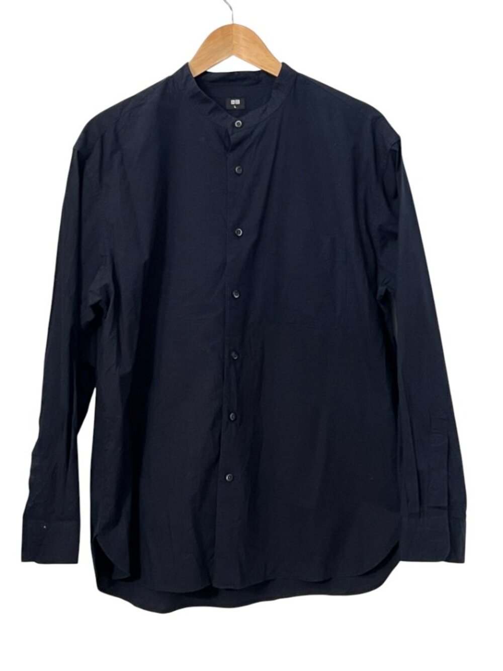 UNIQLO Mens L Navy Band Collar Shirt Cotton Button Front Long Sleeve Casual Top